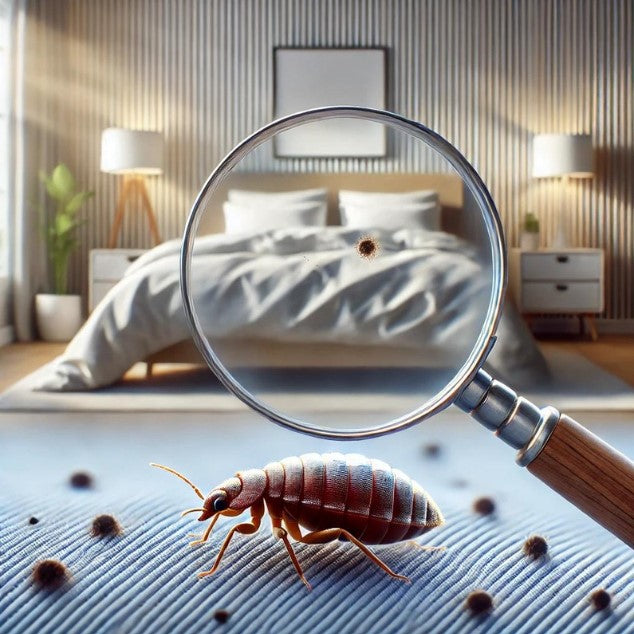 Illustration d'une chambre avec une loupe mettant en avant une infestation de punaises de lit.